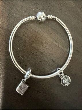 Pandora Silver Charm Bangle Bracelet with Two Dangling Charms